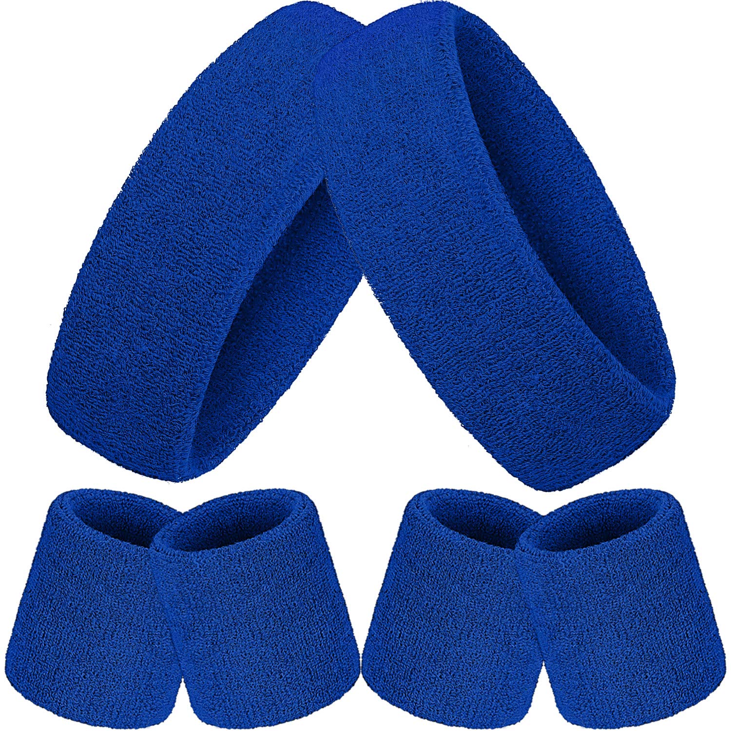 Bememo Striped Sweatbands Set - 2 Sports Headbands and 4 Wristbands for Men and Women (Blue, 6 Pieces)