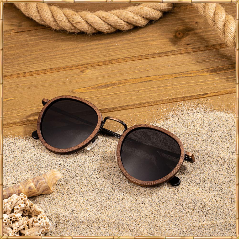 Woodies Polarized Walnut Wood Copper Round Sunglasses for Men and Women | Black Polarized Lenses and Real Wooden Frame | 100% UVA/UVB Ray Protection