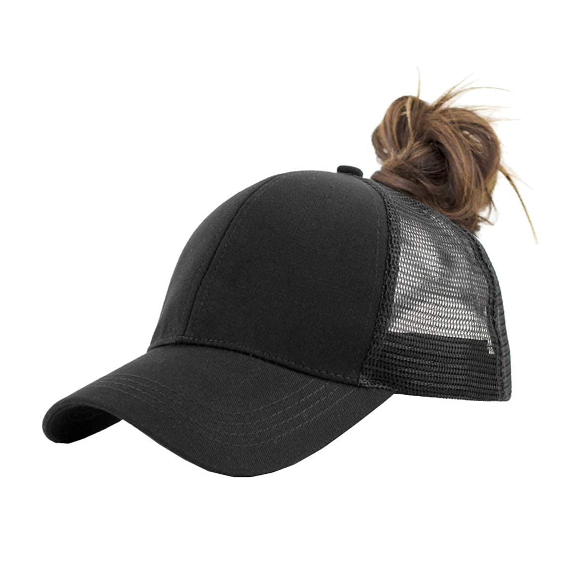 Solid Ponytail Hat Baseball Cap Cotton Mesh High Bun Pony Cap Women 56-58cm (22"-23") (Black_and_Grey_2pcs, Adjustable, m)