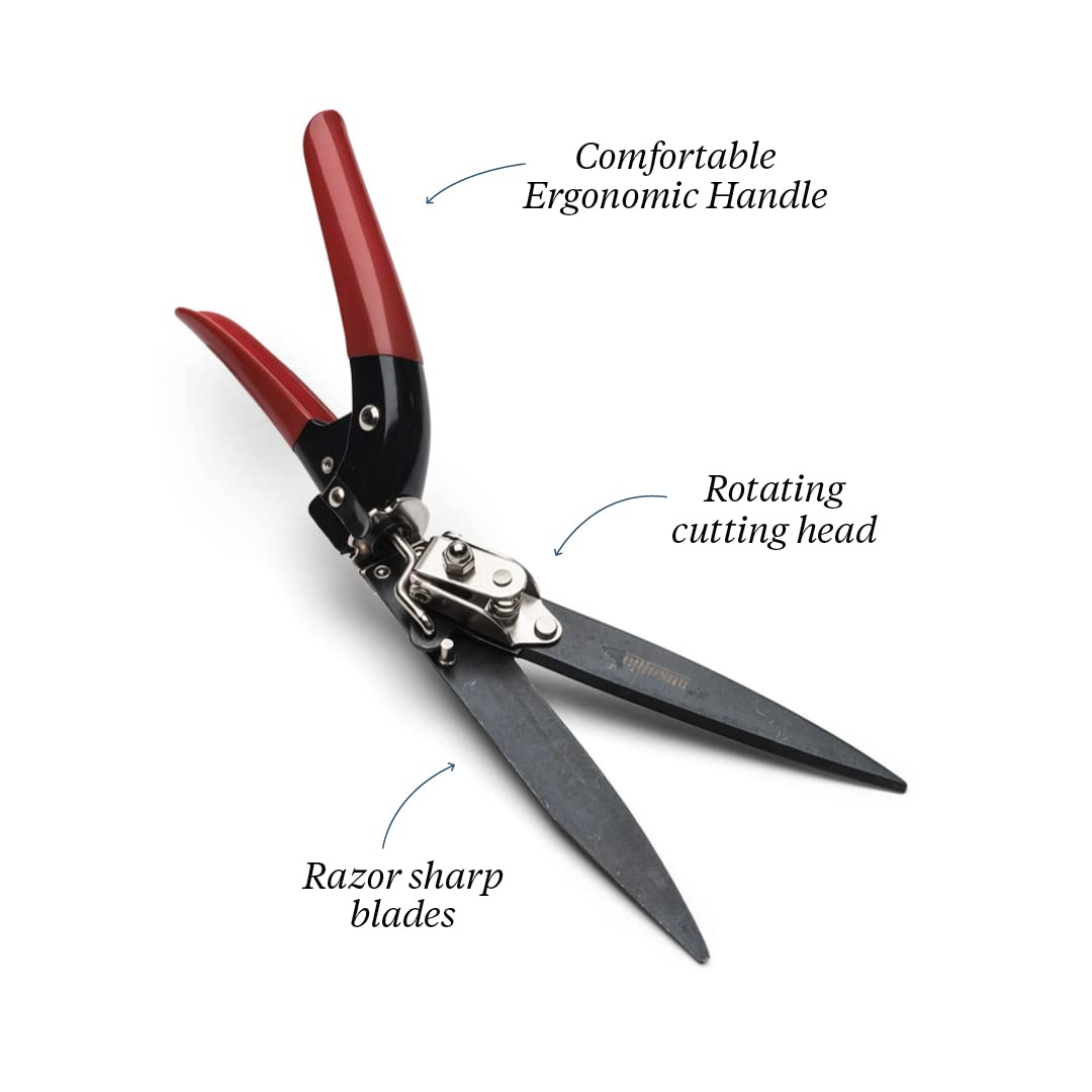 Kings County Tools Grass Trimming Shears | 5-1/4” Steel Blades | Rotating Handle for Angled Cuts | Strong Spring Mechanism | Simple & Secure Safety Lock | Made in Italy