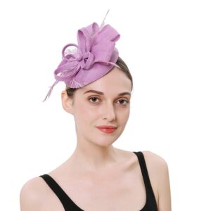 BUYITNOW Charming Feather Fascinators Headband Netting Mesh Hair Band for Wedding Cocktail Hat Party Derby Royal Banquet Light Purple