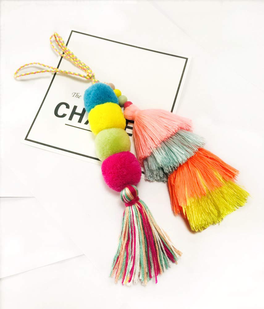 QTMY Cute Pom Pom Tassel Boho Purse Charms for Handbags Bag Pendant Keyring Keychain for Women Purse Decor