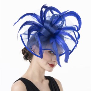 Lucky Leaf Girl Lady Hat Headwear Organza Church Feather Clip Fascinators Hat Wedding Party Kentucky Derby Cap for Women(F-5-Royalblue)