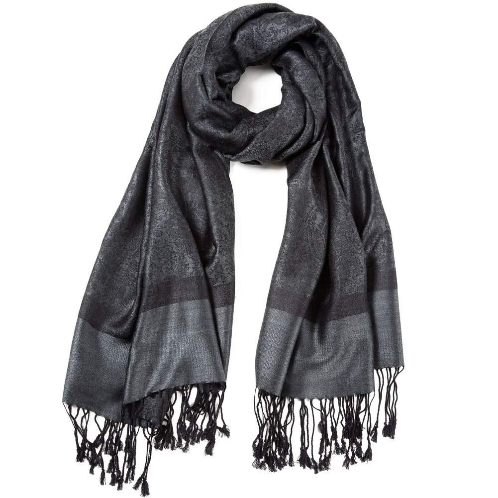 Paisley Pashmina Silk Scarf Shawl Jacquard Cashmere Wrap Stole Two Tones Reversible (Deep Grey/Black)