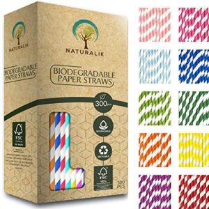 naturalik 300-pack multi-color extra durable paper straws biodegradable- premium paper straws bulk- drinking straws for juices, restaurants and party decorations, 7.7" (multicolor, 300)