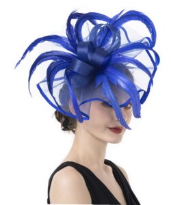 lucky leaf girl lady hat headwear organza church feather clip fascinators hat wedding party kentucky derby cap for women(f-5-royalblue)