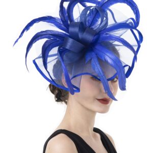 Lucky Leaf Girl Lady Hat Headwear Organza Church Feather Clip Fascinators Hat Wedding Party Kentucky Derby Cap for Women(F-5-Royalblue)