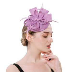 buyitnow charming feather fascinators headband netting mesh hair band for wedding cocktail hat party derby royal banquet light purple