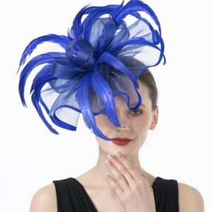 Lucky Leaf Girl Lady Hat Headwear Organza Church Feather Clip Fascinators Hat Wedding Party Kentucky Derby Cap for Women(F-5-Royalblue)