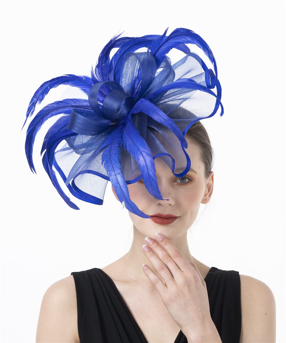 Lucky Leaf Girl Lady Hat Headwear Organza Church Feather Clip Fascinators Hat Wedding Party Kentucky Derby Cap for Women(F-5-Royalblue)