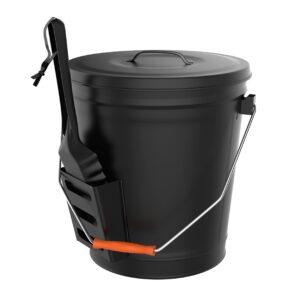 ash bucket - 4.75-gallon metal bucket with lid and shovel for fireplace or firepit ashes - heat resistant fireplace tools by pure garden (black)