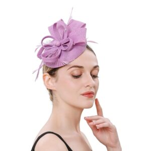 BUYITNOW Charming Feather Fascinators Headband Netting Mesh Hair Band for Wedding Cocktail Hat Party Derby Royal Banquet Light Purple