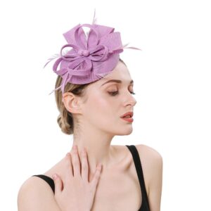 BUYITNOW Charming Feather Fascinators Headband Netting Mesh Hair Band for Wedding Cocktail Hat Party Derby Royal Banquet Light Purple