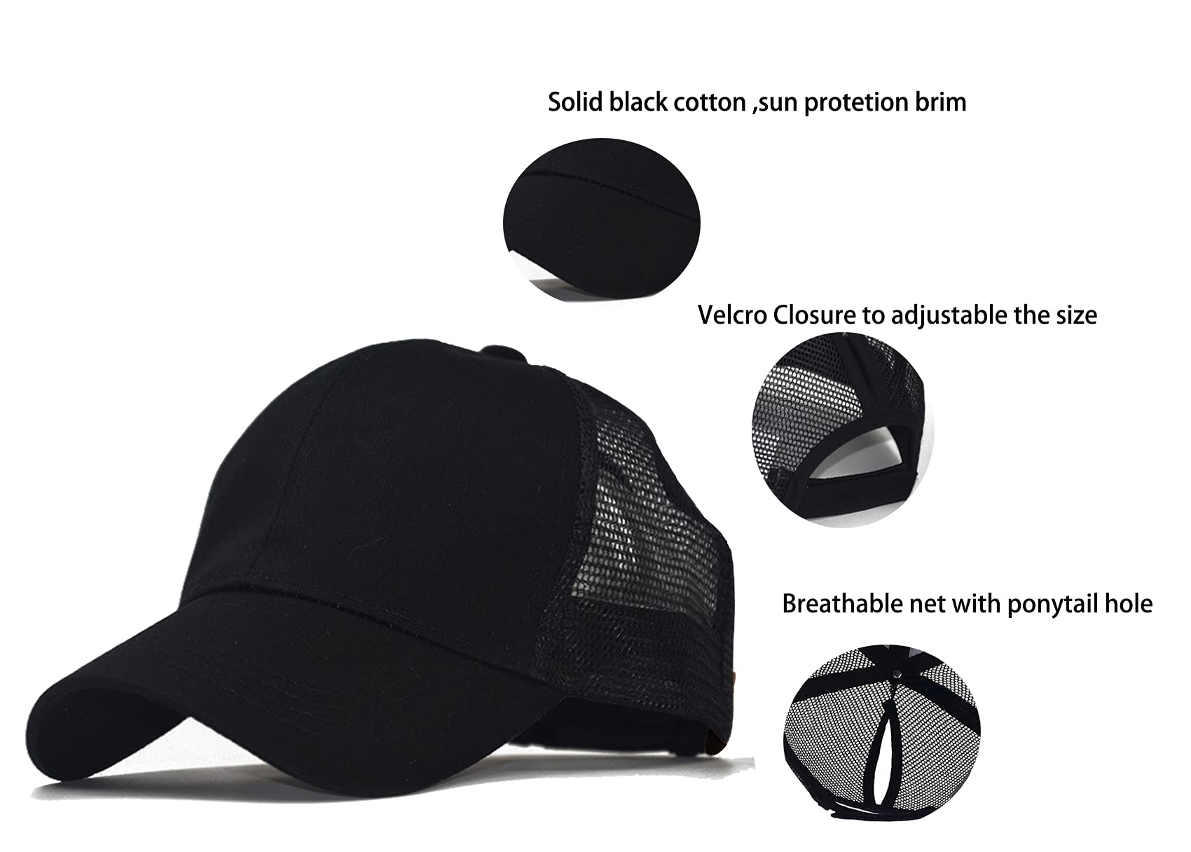 Solid Ponytail Hat Baseball Cap Cotton Mesh High Bun Pony Cap Women 56-58cm (22"-23") (Black_and_Grey_2pcs, Adjustable, m)