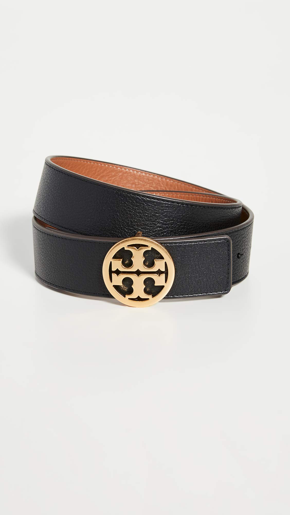 Tory Burch Women's 1.5" Miller Reversible Belt, Black/New Cuoio/Gold, L