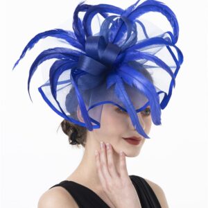 Lucky Leaf Girl Lady Hat Headwear Organza Church Feather Clip Fascinators Hat Wedding Party Kentucky Derby Cap for Women(F-5-Royalblue)