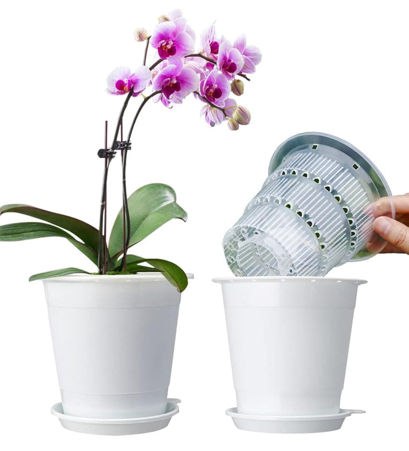 Meshpot 4 inch Clear Orchid Pots with Holes Match White Plastic Orchid Planter,Set of 2,Double Layer Plant Nursery Pots Own Scientific Controlling Roots Technology