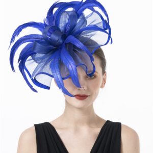 Lucky Leaf Girl Lady Hat Headwear Organza Church Feather Clip Fascinators Hat Wedding Party Kentucky Derby Cap for Women(F-5-Royalblue)