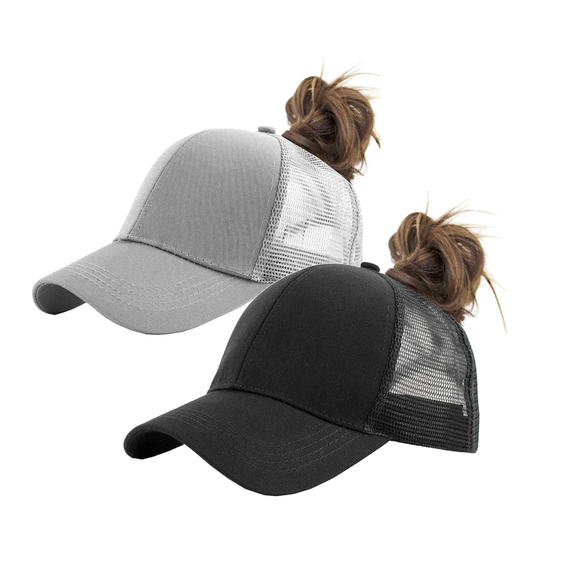 Solid Ponytail Hat Baseball Cap Cotton Mesh High Bun Pony Cap Women 56-58cm (22"-23") (Black_and_Grey_2pcs, Adjustable, m)