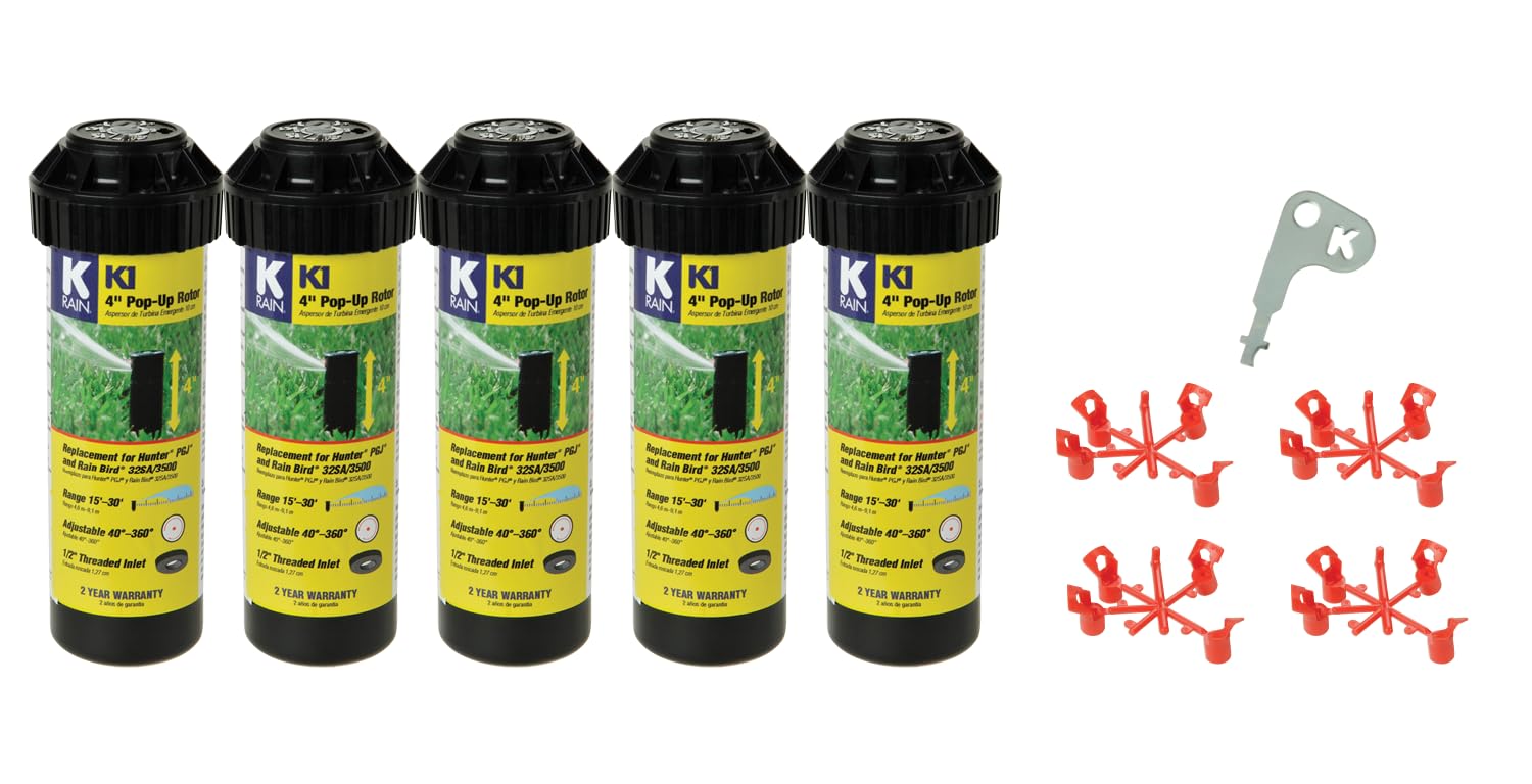 K Rain K1 1/2" Smart Set Rotor 4" Pop-Up| 15' - 30' Spray Distance, 40° - 360° Arc Spray Pattern | Includes Install Kit (5 Pack)