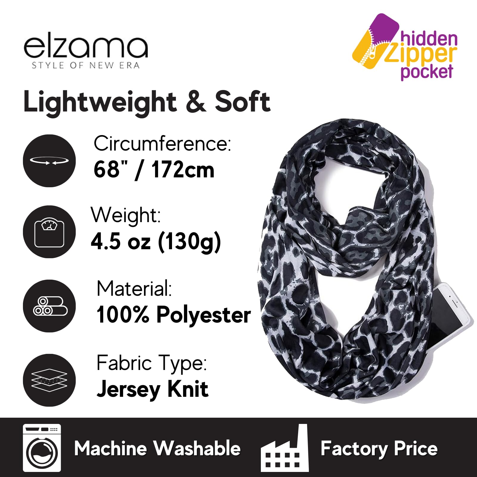 elzama Infinity Loop Jersey Scarf with Hidden Zipper Pocket, Leopard Printed Patterns for Women, Travel Wrap for Fall Winter, Black