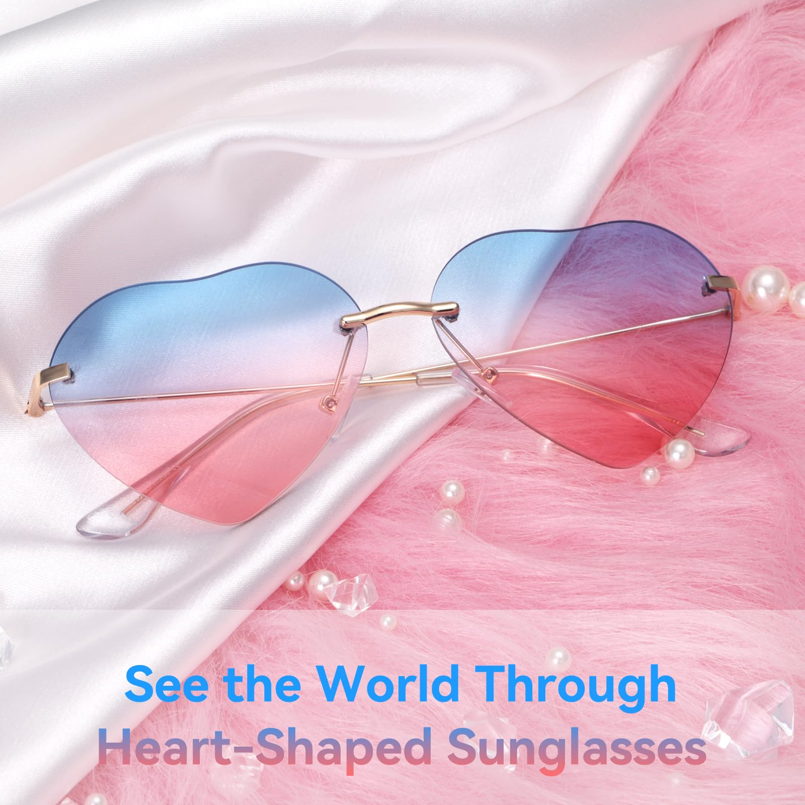 Dollger Heart Sunglasses for Women Cute Rave Heart Glasses Metal Frame Lovely Heart Style Blue and Pink lens