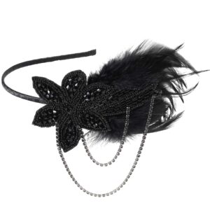 BABEYOND 1920s Flapper Headband Feather Beaded Headpiece Roaring 20s Great Gatsby Hair Accessory for Party (Black)