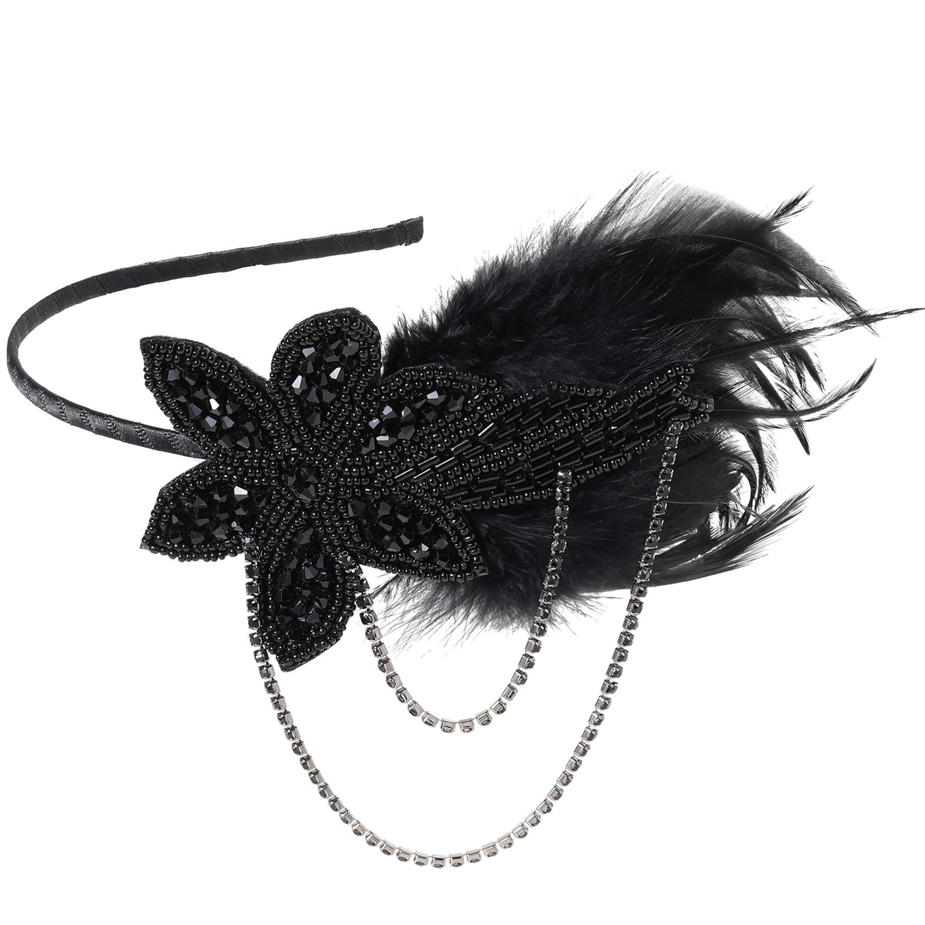 BABEYOND 1920s Flapper Headband Feather Beaded Headpiece Roaring 20s Great Gatsby Hair Accessory for Party (Black)