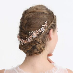 Ammei Headpiece Wedding Headband Tiara Flower Leaves Design Hair Vine With Pearls And Rhinestones (Rose Gold)