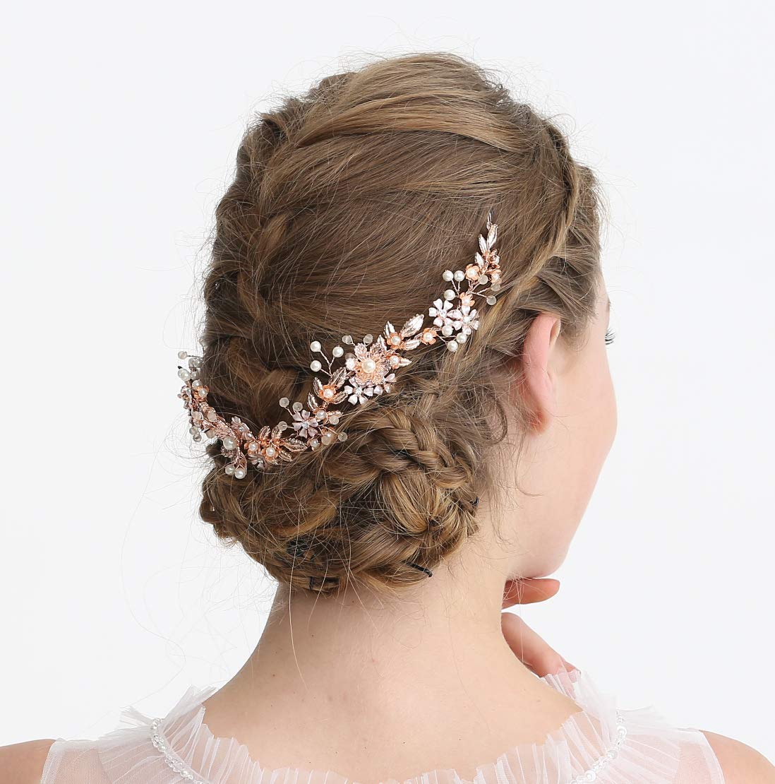 Ammei Headpiece Wedding Headband Tiara Flower Leaves Design Hair Vine With Pearls And Rhinestones (Rose Gold)