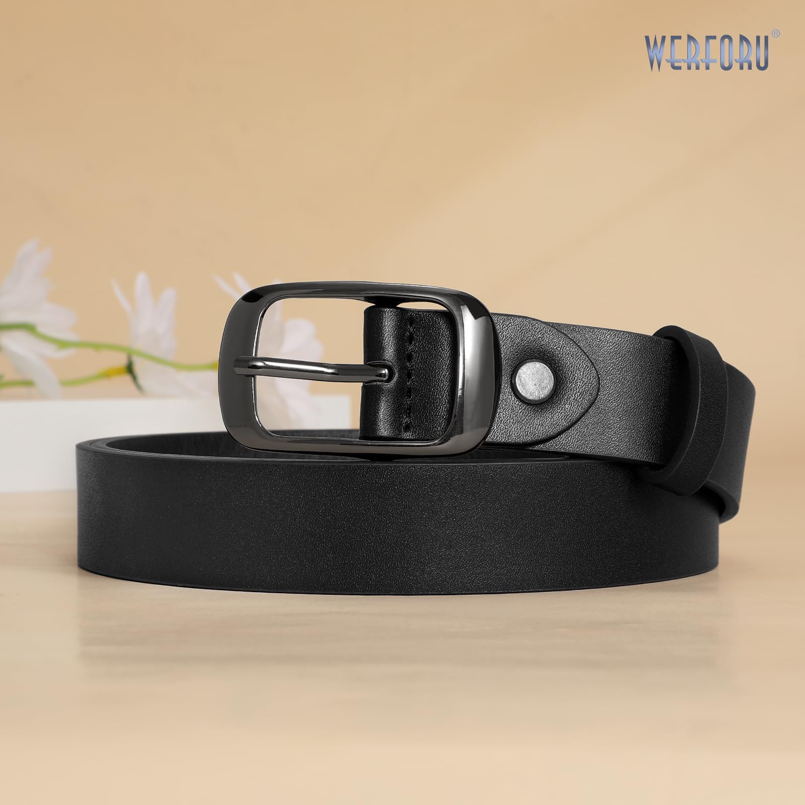 WERFORU Women Black Leather Belt Plus Size Polished Buckle for Jeans Pants(Suit for Size 46-50 Inches, Black)