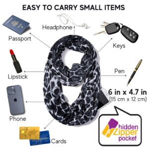 elzama Infinity Loop Jersey Scarf with Hidden Zipper Pocket, Leopard Printed Patterns for Women, Travel Wrap for Fall Winter, Black