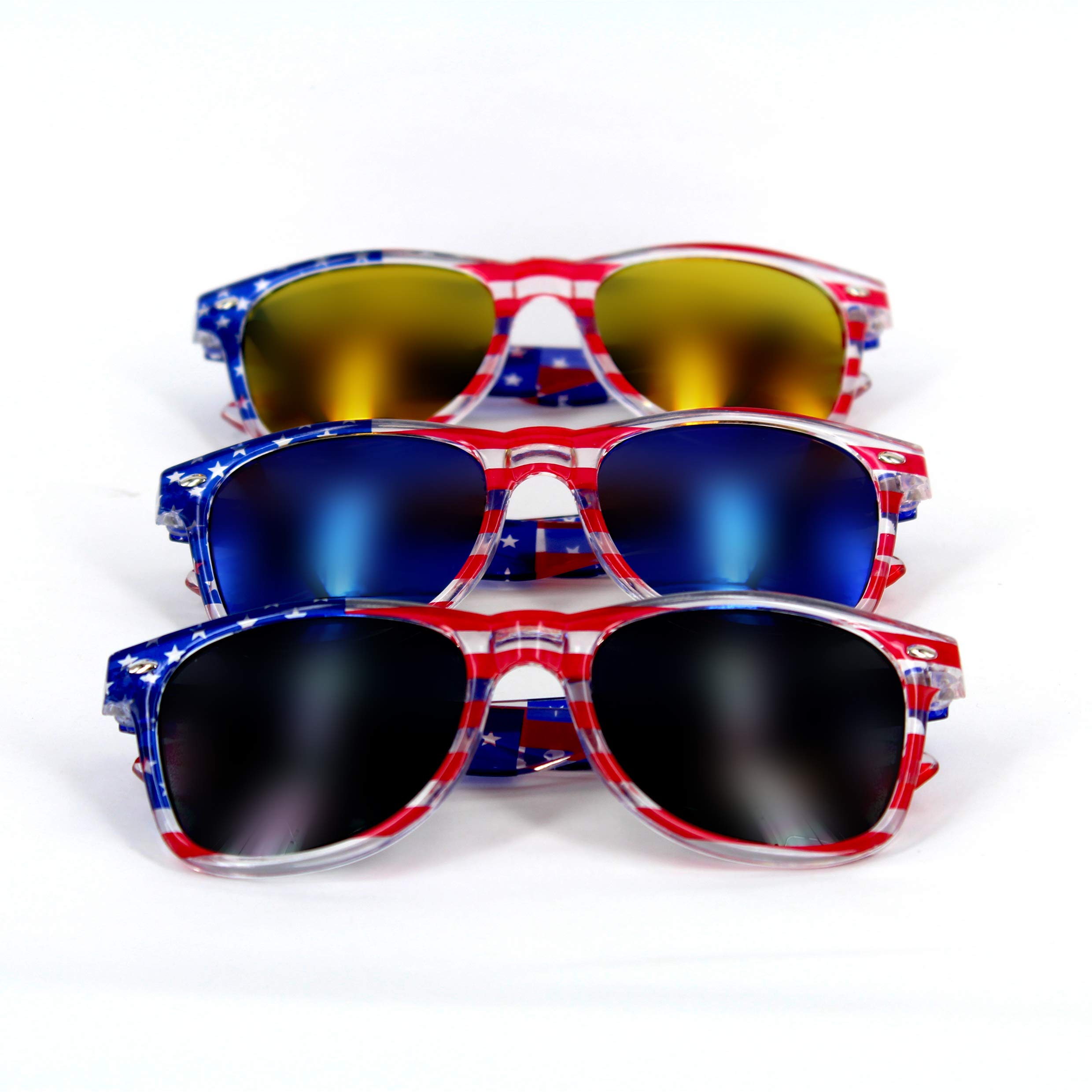 LADY&HOME American Flag Sunglasses for Men and Women,3 Packs Bulk Patriotic Red White and Blue Shades, USA Flag Accessories for July 4th (Transparent)