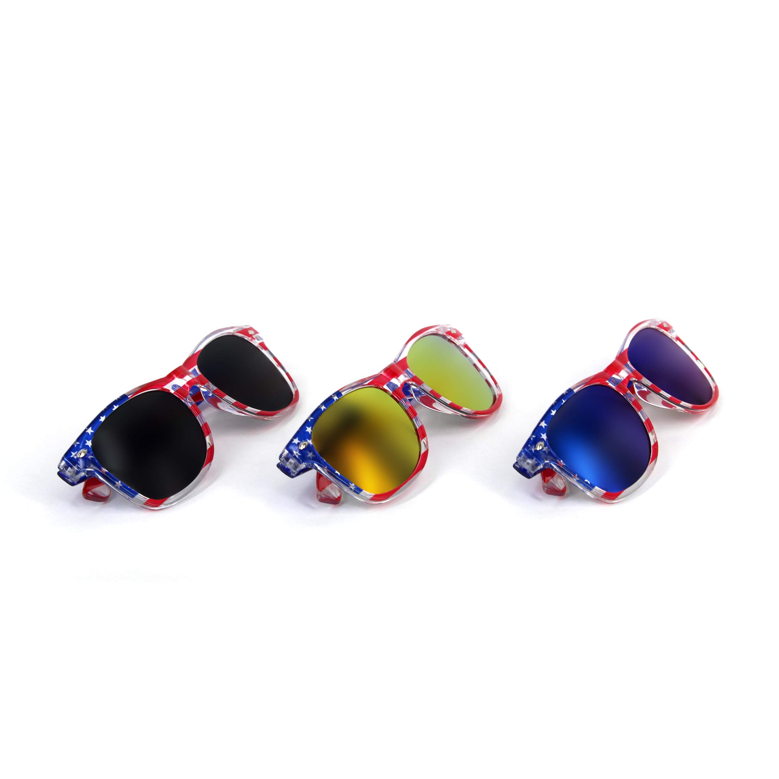 LADY&HOME American Flag Sunglasses for Men and Women,3 Packs Bulk Patriotic Red White and Blue Shades, USA Flag Accessories for July 4th (Transparent)