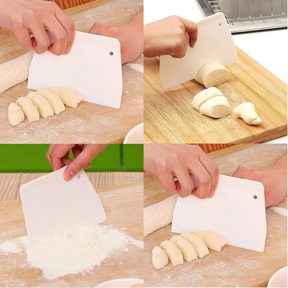 Luckycivia Dough and Bowl Scraper 3-Piece Trapezoidal Plastic Scraper Multi-Function Kitchen Scraper Food Safety Plastic Dough Cutter Hard Plastic Cutter For Pizza Dough Pastry Cake (White)