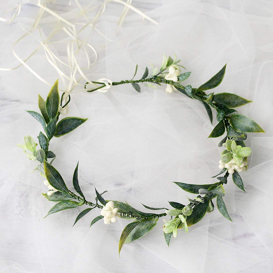 DDazzling Green Leaf Floral Crown Eucalyptus Flower Women Girls Headband Flower Headpiece Bridal Halo Photo Prop (Green)