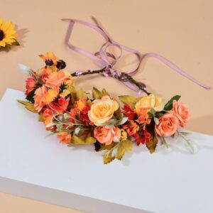 DDazzling Green Leaf Floral Crown Eucalyptus Flower Women Girls Headband Flower Headpiece Bridal Halo Photo Prop (Yellow Orange Green)