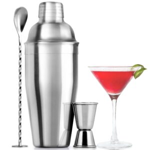 zulay kitchen large 24 oz stainless steel cocktail shaker set - mixed drink shaker - martini shaker set with built in strainer, double sided jigger & combo muddler mixing spoon - pro margarita shaker