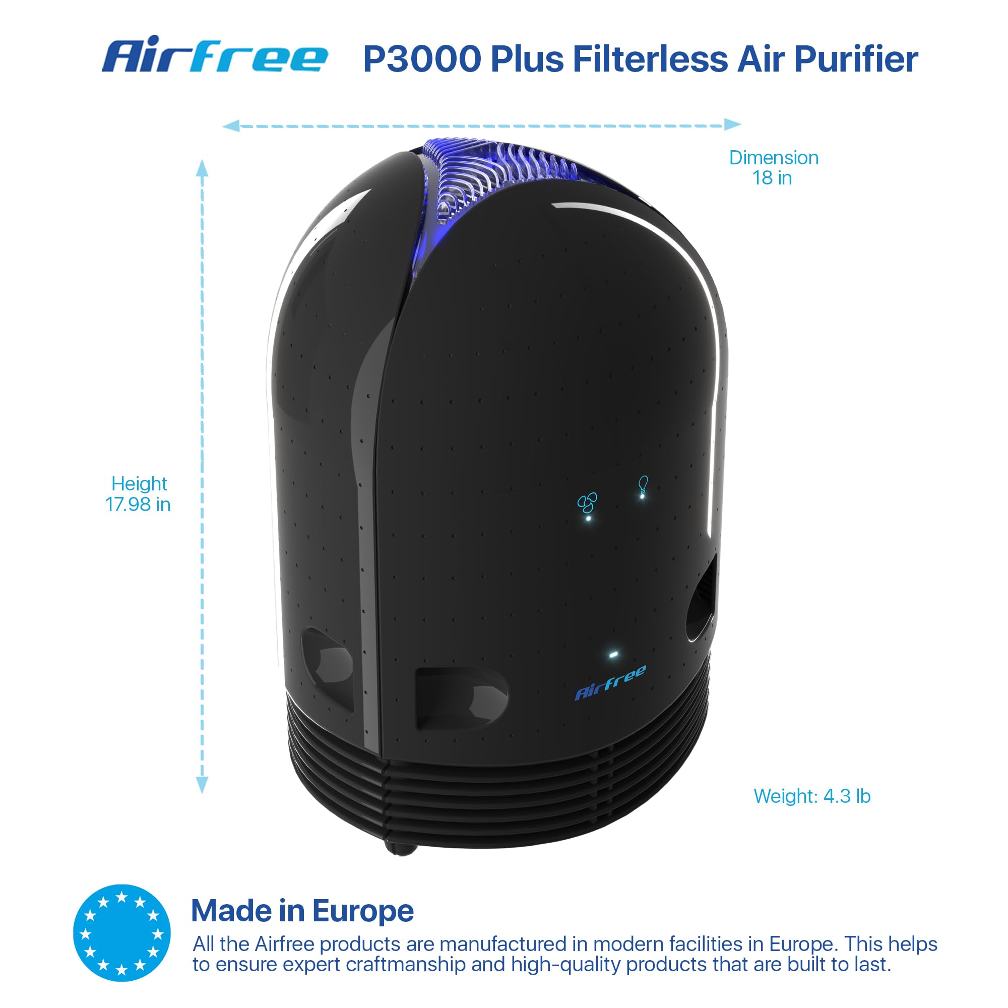 Airfree 3000 Plus Filterless Silent Air Purifier Destroys Mold, Allergens, Prevents Mildew. Remote, App & Alexa Controlled Air Sterilizer booster and Top Lights. 650 sq ft, Black.