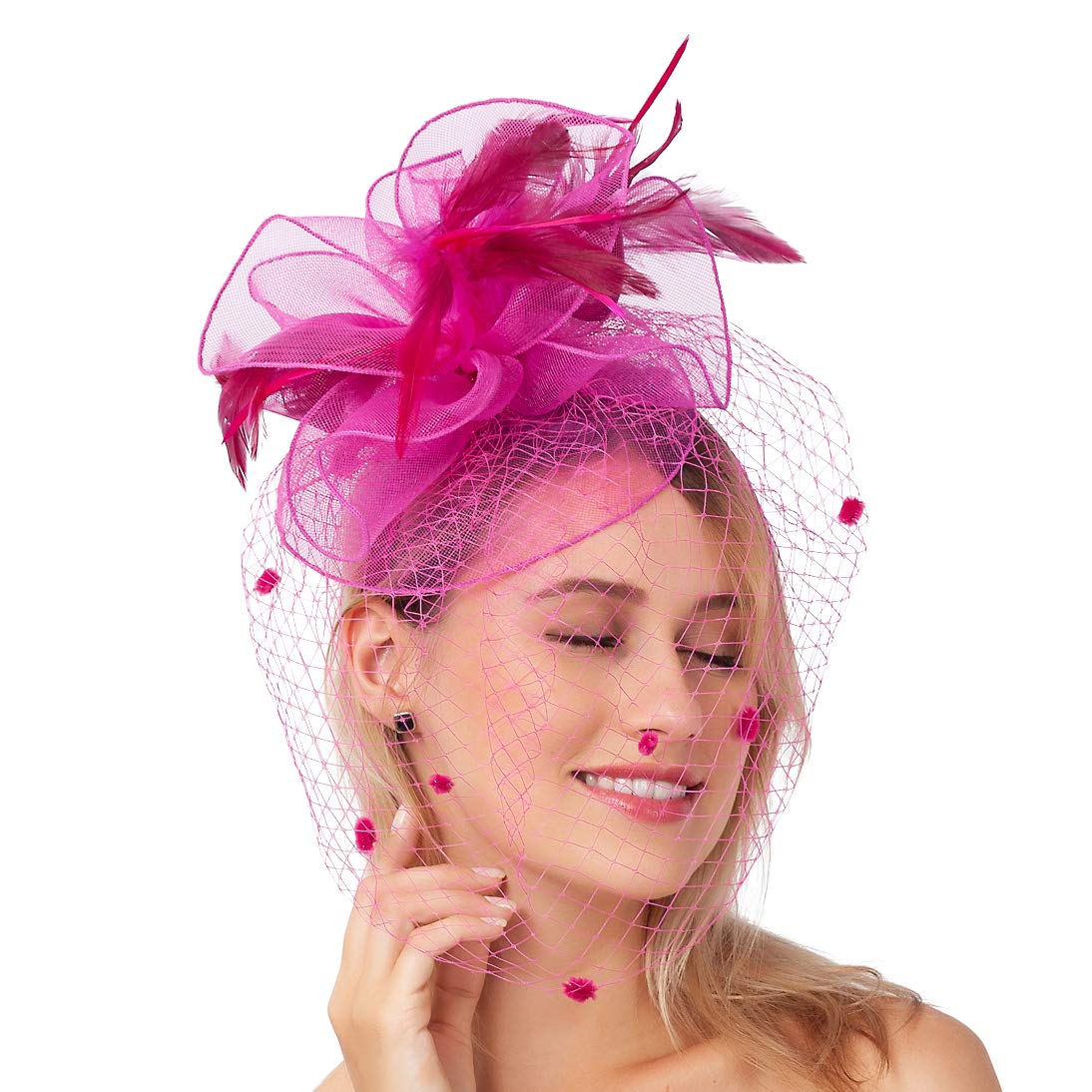 FELIZHOUSE Kentucky Derby Fascinators for Women Girls Tea Party Hats Cocktail Flower Veil Feathers Headband with Hair Clip