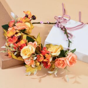 DDazzling Green Leaf Floral Crown Eucalyptus Flower Women Girls Headband Flower Headpiece Bridal Halo Photo Prop (Yellow Orange Green)