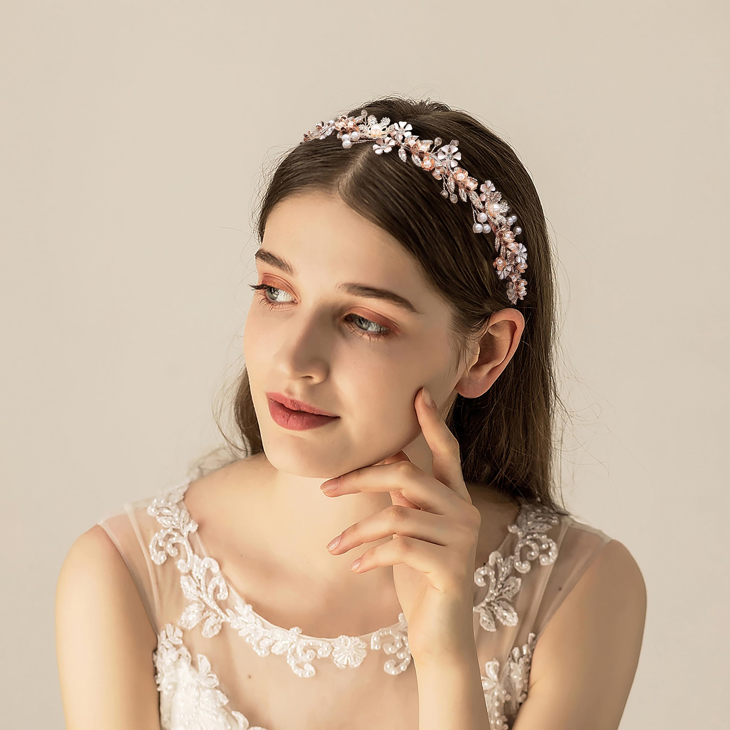 Ammei Headpiece Wedding Headband Tiara Flower Leaves Design Hair Vine With Pearls And Rhinestones (Rose Gold)