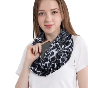 elzama Infinity Loop Jersey Scarf with Hidden Zipper Pocket, Leopard Printed Patterns for Women, Travel Wrap for Fall Winter, Black