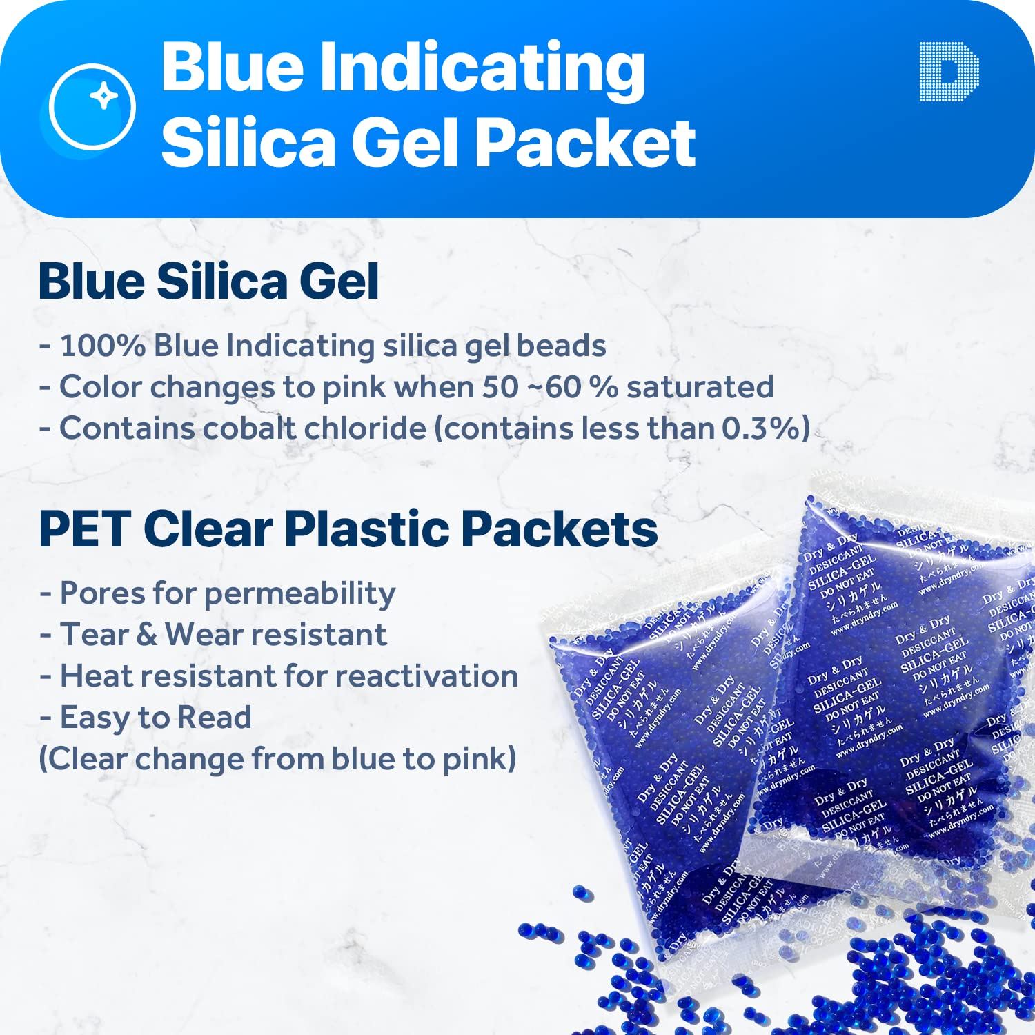 Dry & Dry 20 Gram [30 Packets] Blue Indicating(Blue to Pink) Silica Gel Packets Desiccant Silica Gel Packets - Rechargeable Silica Packets, Silica Gel, Silica Gel Packs