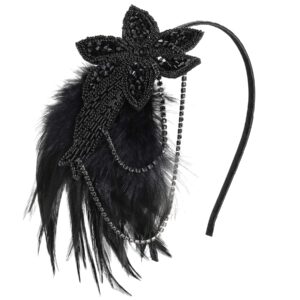 BABEYOND 1920s Flapper Headband Feather Beaded Headpiece Roaring 20s Great Gatsby Hair Accessory for Party (Black)