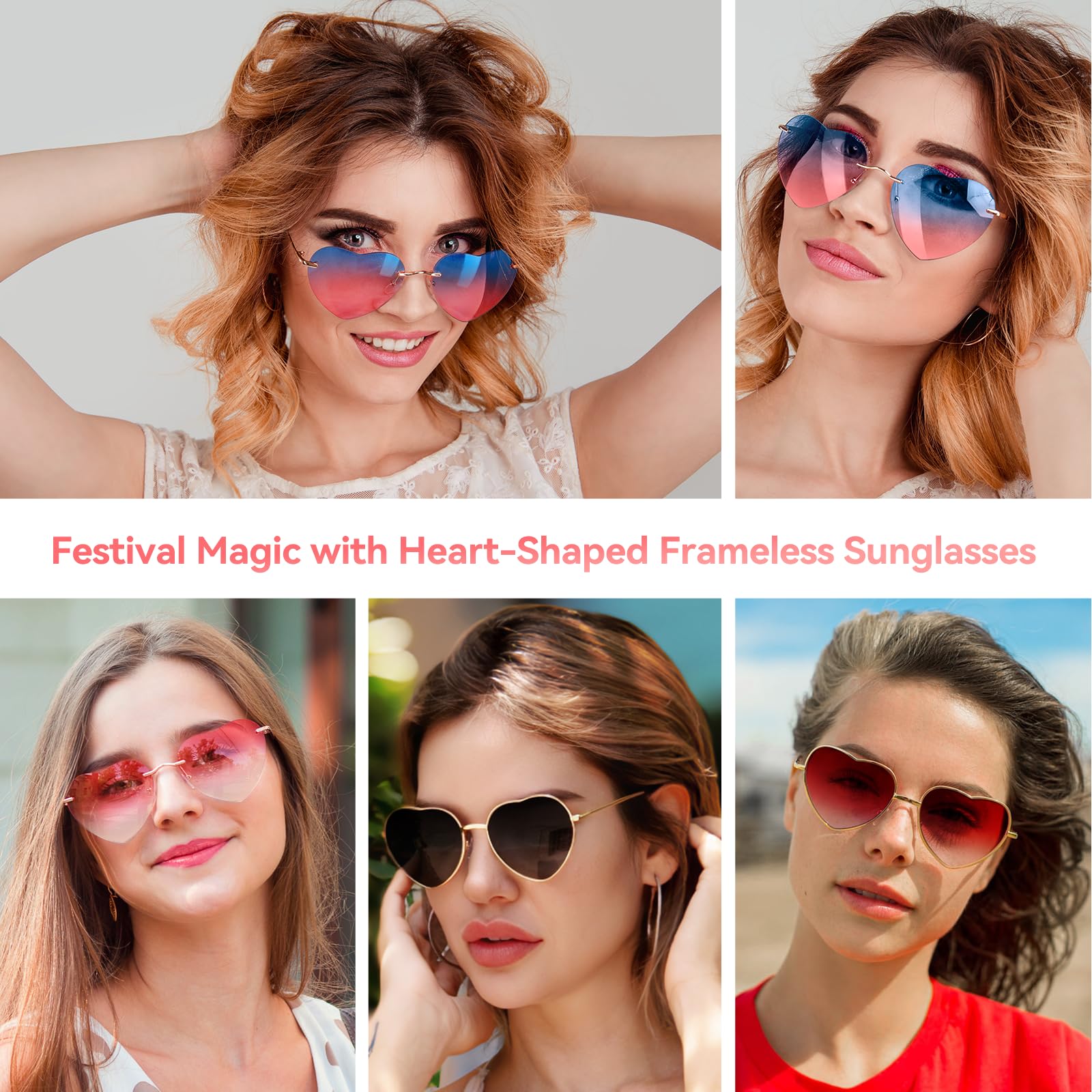 Dollger Heart Sunglasses for Women Cute Rave Heart Glasses Metal Frame Lovely Heart Style Blue and Pink lens