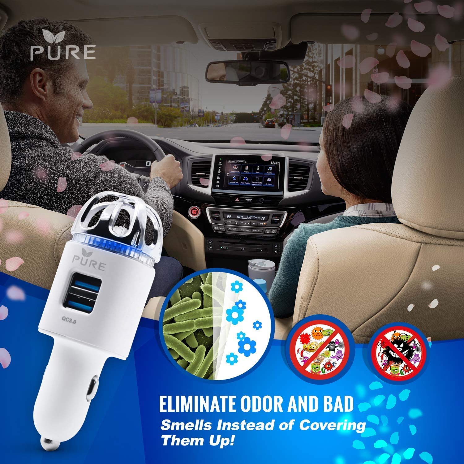 Car Air Purifier 3in1 Premium Stainless Steel HEPA Filter Ionizer w/Dual USB Quick Charge 3.0 USB-Eliminate Allergens Odor Smell, Smoke, Pets, Pollen Mold Bacteria w/Anti-Microbial Deodorizer (White)