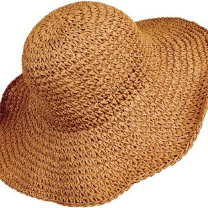 Women Straw Hat Wide Brim Beach Sun Cap Foldable Large Lady Floppy 100% Natural Paper Braided for Travel Decoration Summer Vacation Soft Lightweight and Breathable (Brown)