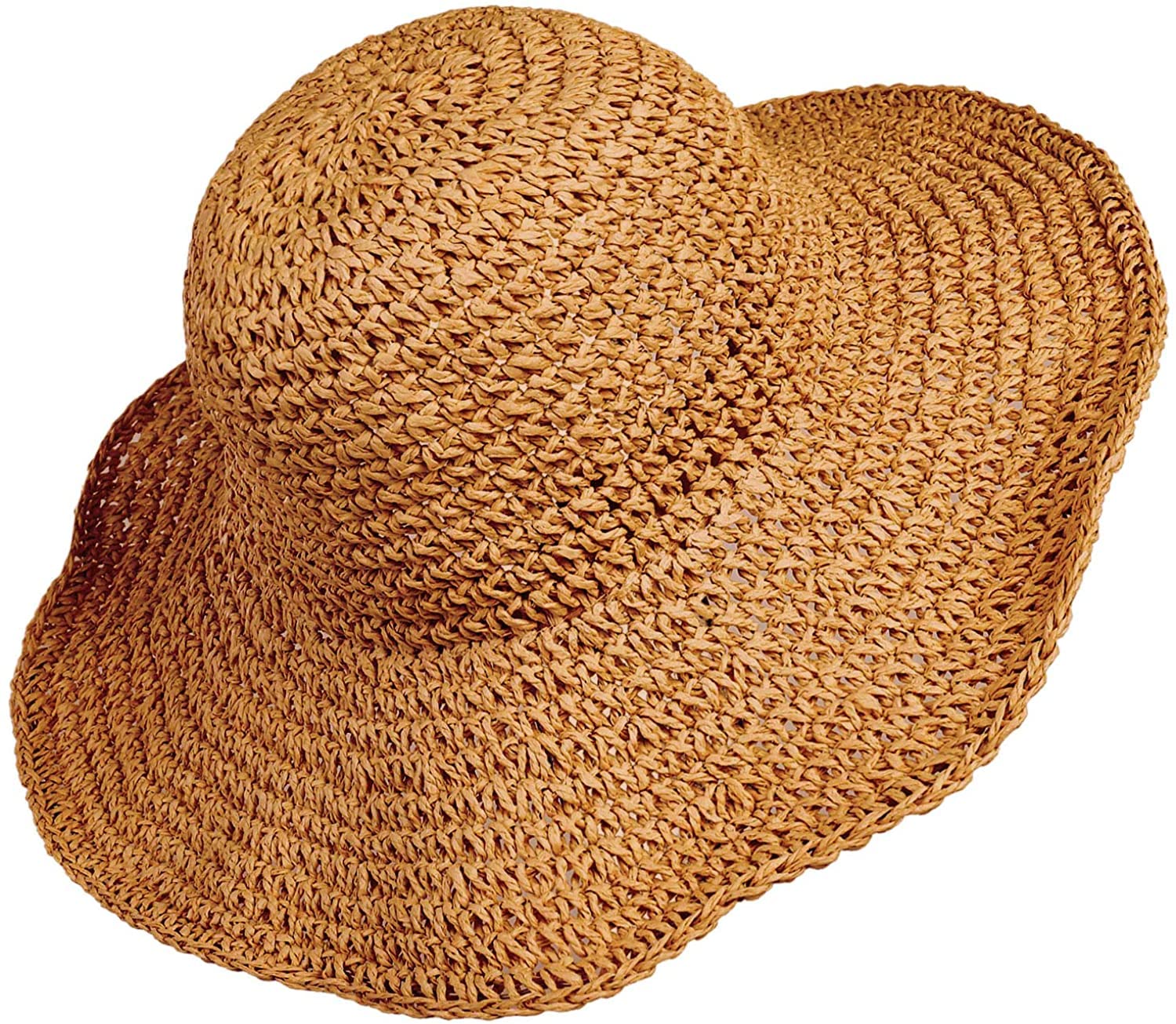 Women Straw Hat Wide Brim Beach Sun Cap Foldable Large Lady Floppy 100% Natural Paper Braided for Travel Decoration Summer Vacation Soft Lightweight and Breathable (Brown)