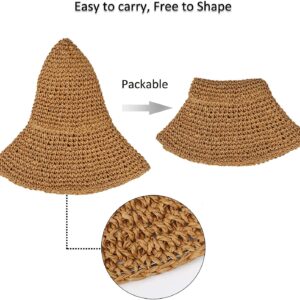 Women Straw Hat Wide Brim Beach Sun Cap Foldable Large Lady Floppy 100% Natural Paper Braided for Travel Decoration Summer Vacation Soft Lightweight and Breathable (Brown)